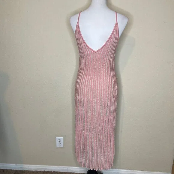H&M Pink & Silver Metallic Pleated Midi Dress Shimmer Knit Cami Size Medium - Picture 5 of 14